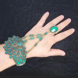 Antiqued Gold and BlueGreen Peacock Leashed Ring And Bracelet